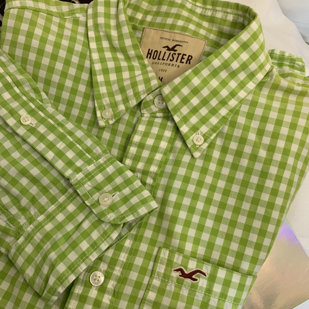 Hollister Shirt Men's Medium Plaid Cotton Button‎ Up  Green LS Collar Pocket